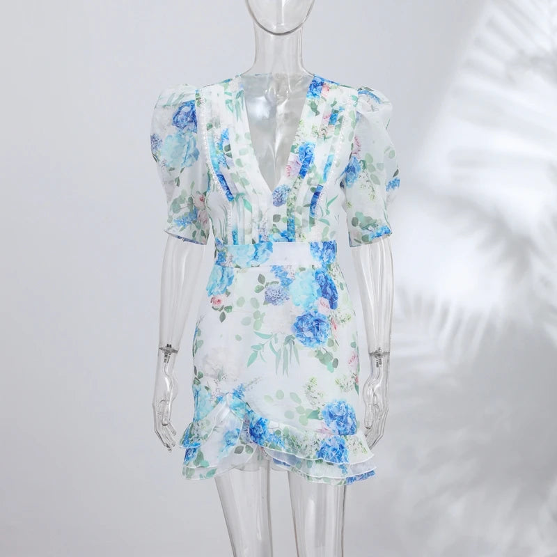 Floral Printed Pleated V-Neck Mini Dress Slim Fit Ruched Puff Sleeve 2026 Summer Women Party Outfit Romantic Retro Lady Vestidos