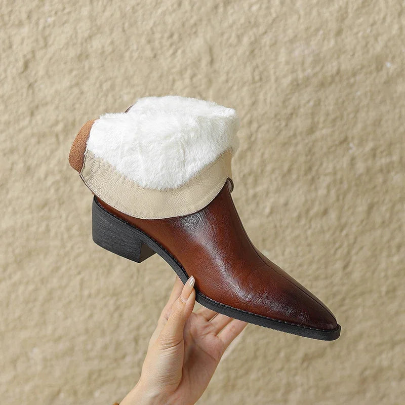 Autumn/winter Women Boots Genuine Leather Western Boots Women Shoes Pointed Toe Chunky Heel Chelsea Retro Ankle Boots