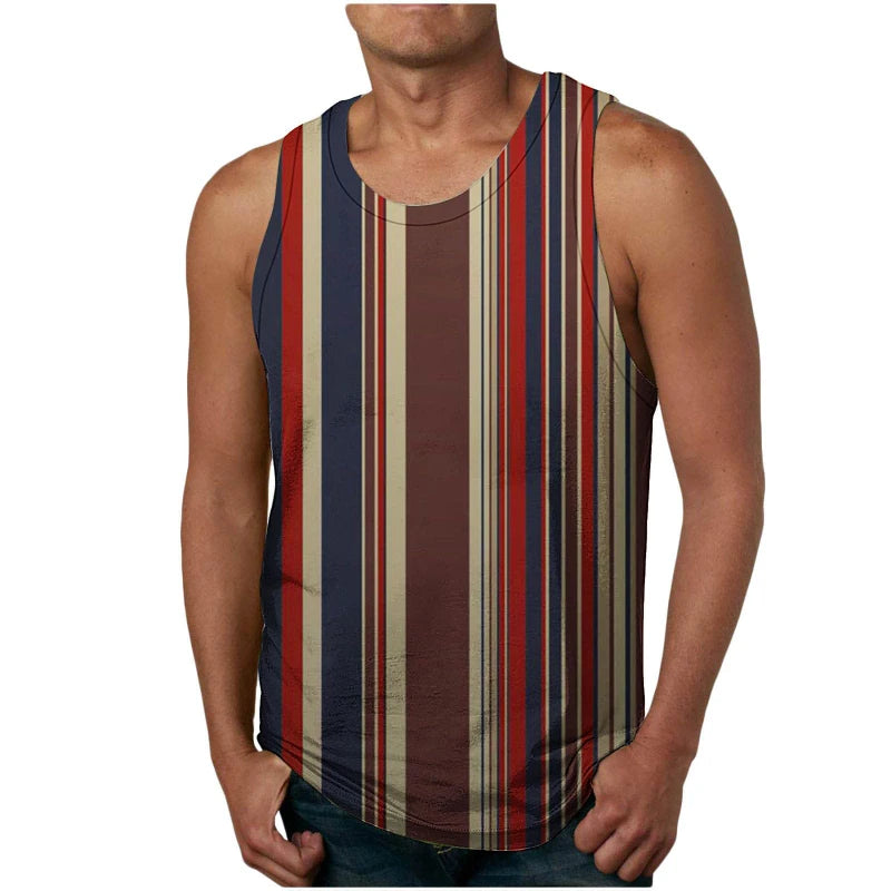 Retro Stripe Graphic Mens Tank Tops 3D Print Summer Breathable Sleeveless Vest Casual Popular Loose Quick Dry Street Sport Tees