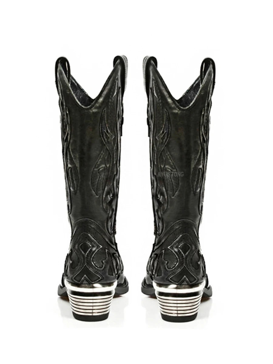 Retro Western Cowboy Boots Metallic Trim Pointed Chelsea Boots Chunky Heel Spice Girls Boots Men's and Women's