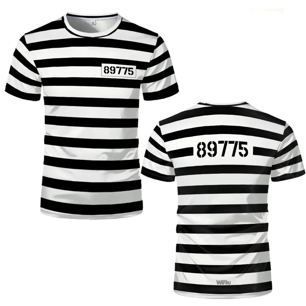 2026 New Prisoner Striped T-Shirt Black White Prison Theme Fun And Novel Short Sleeve Men's And Women's Party Cosplay Costumes