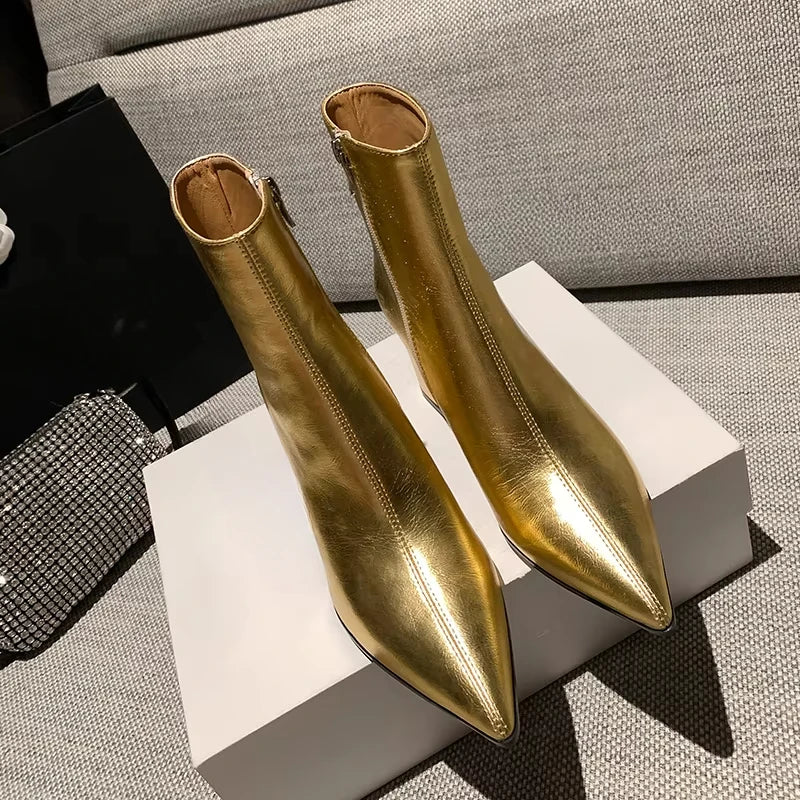 Women's Fashion Chunky Single Boots Fall New Pointy Bright Side Zipper Comfortable High Heel Ankle Boots