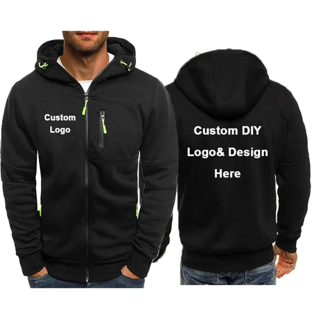 Men's Hooded Jacket with Pocket Zipper, Customized Image Text with Personalized Logo, Casual Sports Streetwear, Men's Wool Sweat