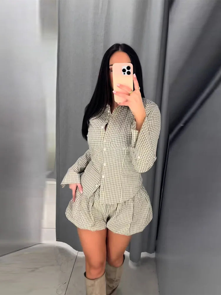 Loose Plaid Women's Shorts Set Casual Lapel Single Breasted Shirt Bubble Short Pants Outfit Female 2026 Spring Woman Streetwear