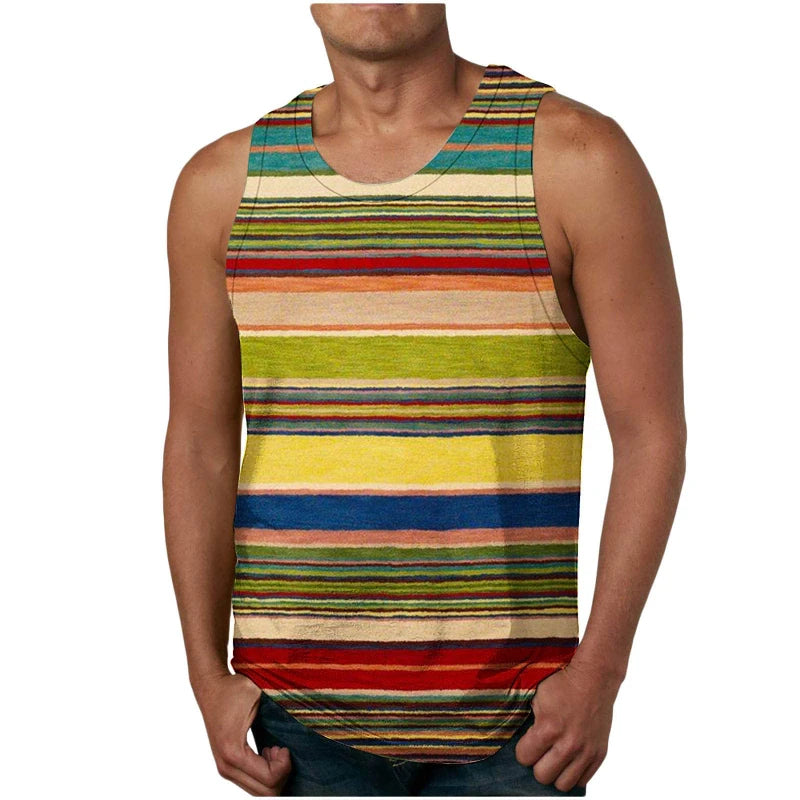 Retro Stripe Graphic Mens Tank Tops 3D Print Summer Breathable Sleeveless Vest Casual Popular Loose Quick Dry Street Sport Tees