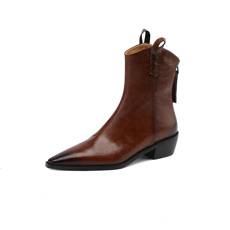 Autumn/winter Women Boots Genuine Leather Western Boots Women Shoes Pointed Toe Chunky Heel Chelsea Retro Ankle Boots