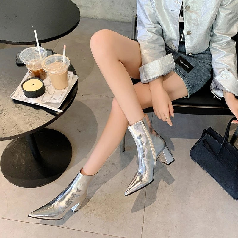 Women's Fashion Chunky Single Boots Fall New Pointy Bright Side Zipper Comfortable High Heel Ankle Boots