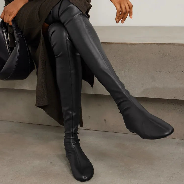 2025Autumn and Winter Fashion Women's Flat Knee Over Women's Boots Round Head Elastic Boots Women's 34-46 Large Thigh Boots