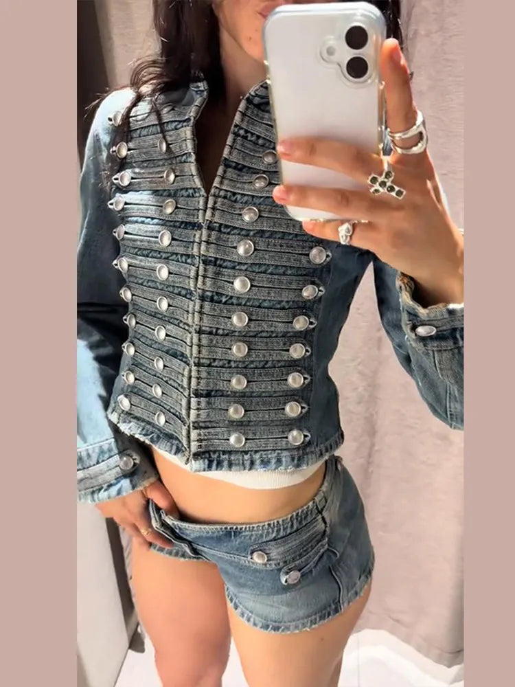 Retro Women Short Set Denim Cropped Metal Buttons Jacket Low Rise Denim Shorts High Street Casual Spring Two Piece Set For Lady