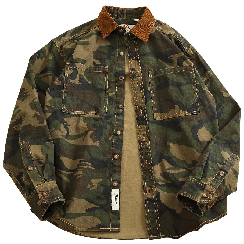 2025 Spring New American Retro Woven Twill Camouflage Cargo Shirt Men's 100% Cotton Washed Old Double Pocket Blouser Thin Jacket