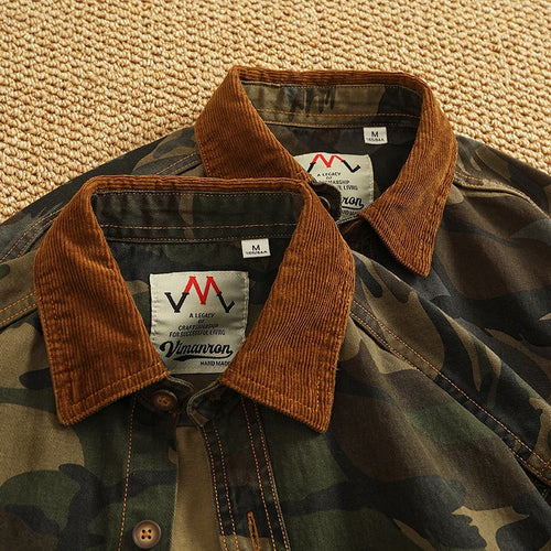 2025 Spring New American Retro Woven Twill Camouflage Cargo Shirt Men's 100% Cotton Washed Old Double Pocket Blouser Thin Jacket