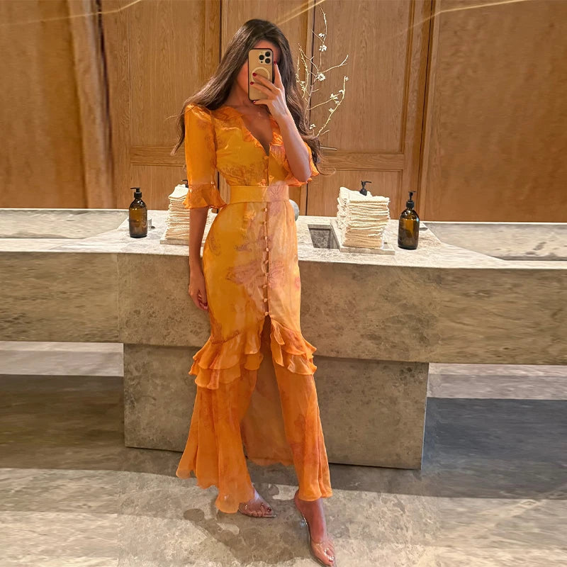 Floral Printed Pleated V-Neck Mini Dress Slim Fit Ruched Puff Sleeve 2026 Summer Women Party Outfit Romantic Retro Lady Vestidos