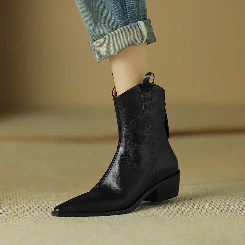 Autumn/winter Women Boots Genuine Leather Western Boots Women Shoes Pointed Toe Chunky Heel Chelsea Retro Ankle Boots