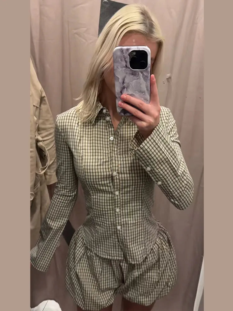 Loose Plaid Women's Shorts Set Casual Lapel Single Breasted Shirt Bubble Short Pants Outfit Female 2026 Spring Woman Streetwear