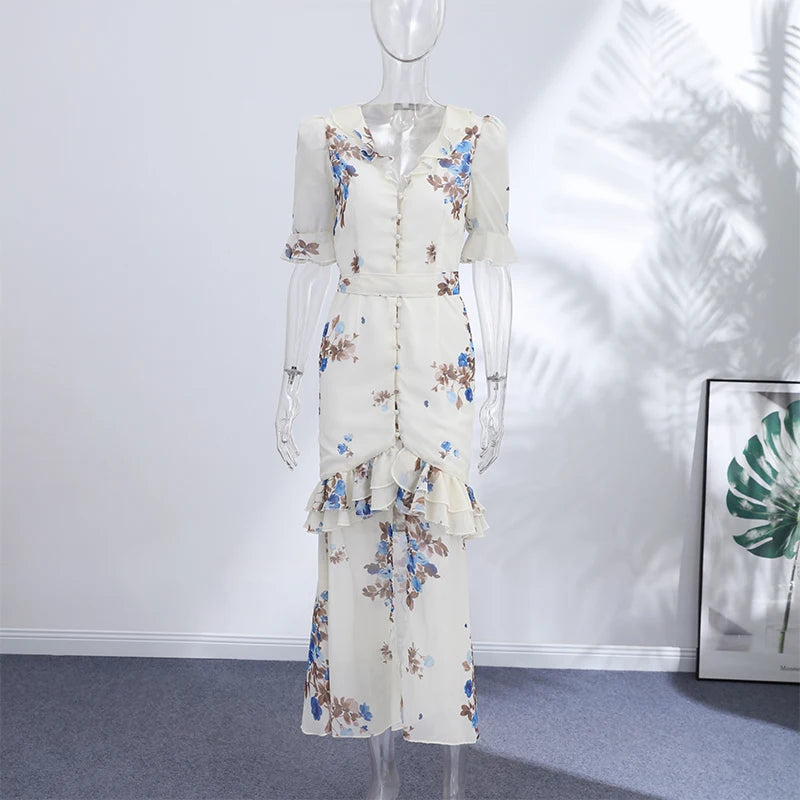Floral Printed Pleated V-Neck Mini Dress Slim Fit Ruched Puff Sleeve 2026 Summer Women Party Outfit Romantic Retro Lady Vestidos