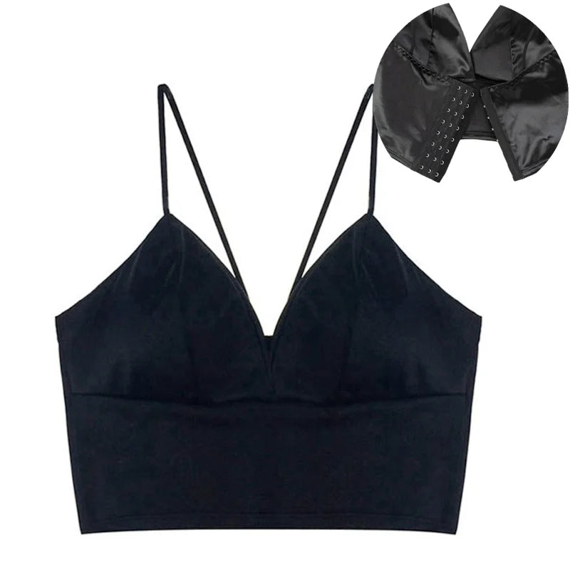 Sexy Satin Crop Tops Women Wireless Bralette Crochet Top Female Spaghetti Strap T-shirt Cropped With Chest Padded Camisole Camis
