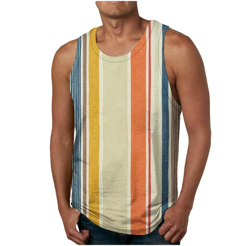Retro Stripe Graphic Mens Tank Tops 3D Print Summer Breathable Sleeveless Vest Casual Popular Loose Quick Dry Street Sport Tees