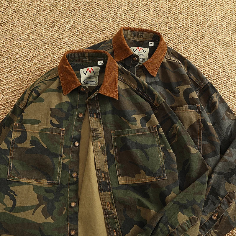 2025 Spring New American Retro Woven Twill Camouflage Cargo Shirt Men's 100% Cotton Washed Old Double Pocket Blouser Thin Jacket