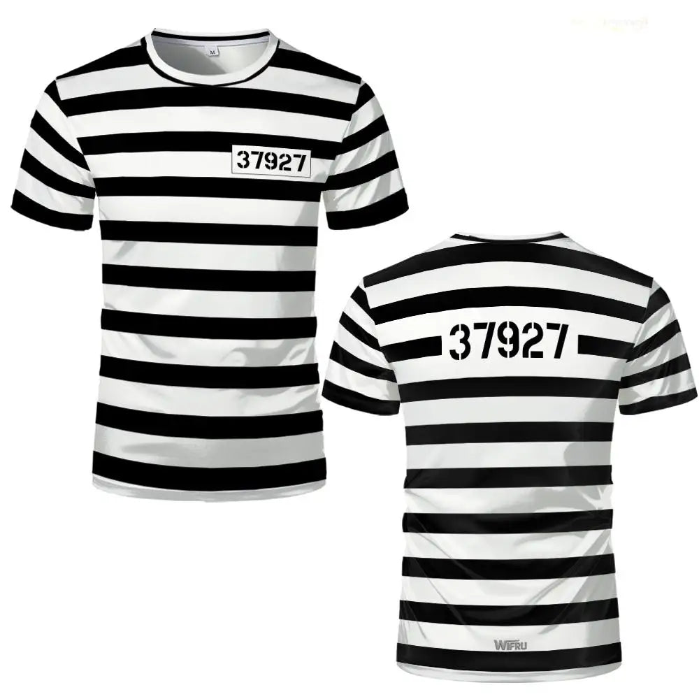 2026 New Prisoner Striped T-Shirt Black White Prison Theme Fun And Novel Short Sleeve Men's And Women's Party Cosplay Costumes