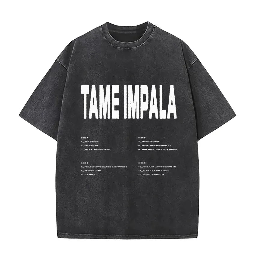 Mens Vintage Oversized Washed Short Sleeve T-shirt Tame Impala Rock Band Deadbeat Tour 2025 Album Hip Hop Fans Gift T-shirts