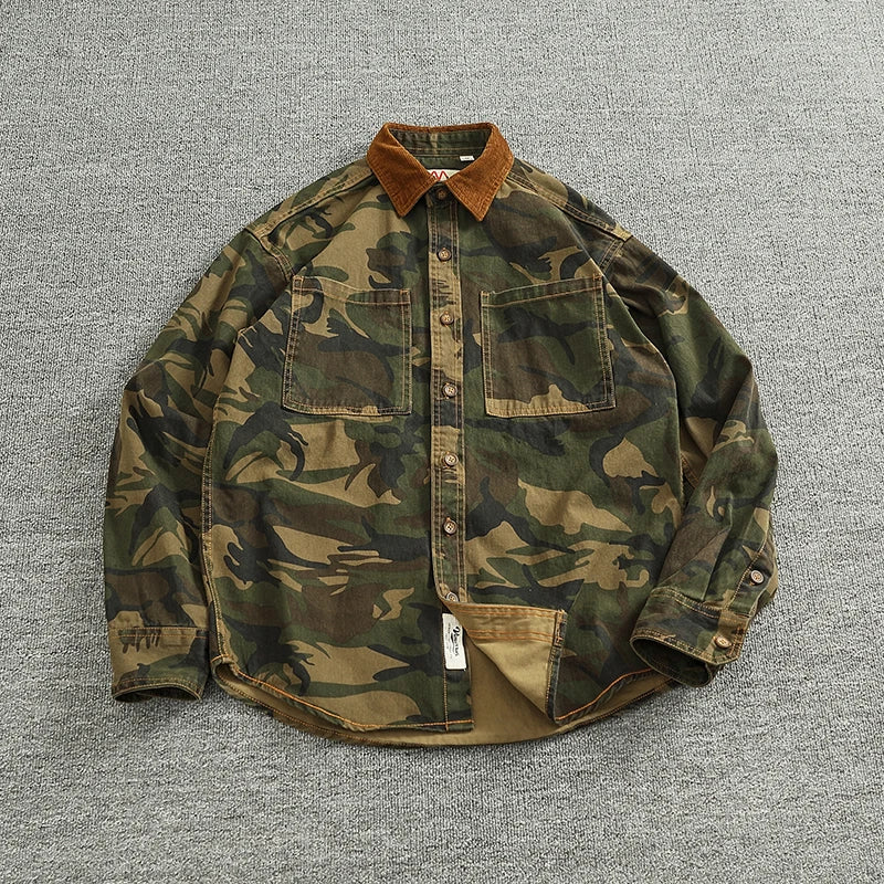 2025 Spring New American Retro Woven Twill Camouflage Cargo Shirt Men's 100% Cotton Washed Old Double Pocket Blouser Thin Jacket
