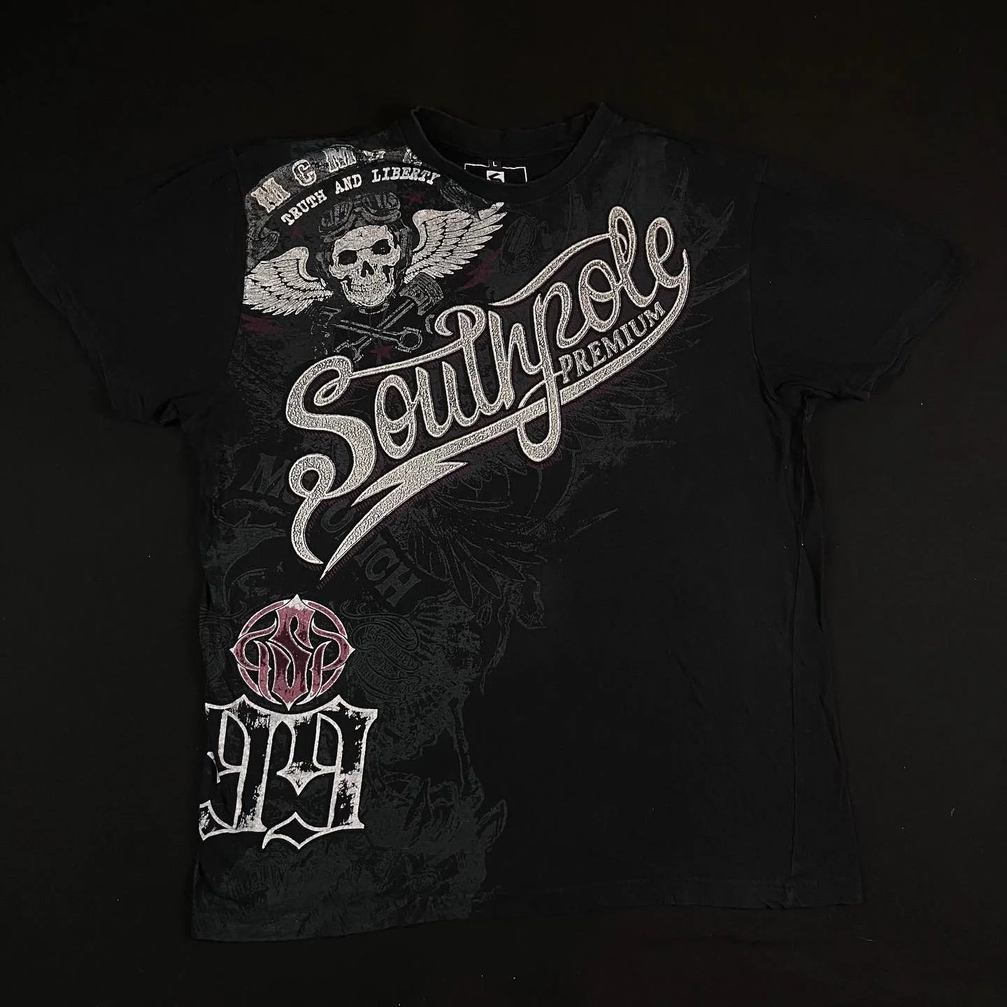 Street Style Southpole Mens Gothic Dark Theme Vintage Grunge Fashion Short Sleeves Oversized Print Comfort Baggy Fit Men Women