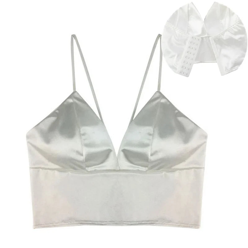 Sexy Satin Crop Tops Women Wireless Bralette Crochet Top Female Spaghetti Strap T-shirt Cropped With Chest Padded Camisole Camis