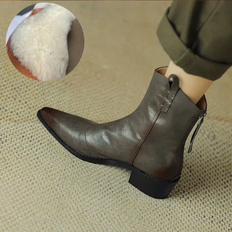 Autumn/winter Women Boots Genuine Leather Western Boots Women Shoes Pointed Toe Chunky Heel Chelsea Retro Ankle Boots