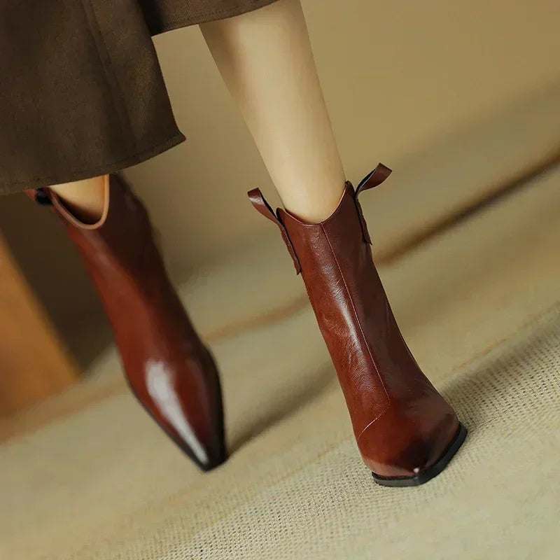 Autumn/winter Women Boots Genuine Leather Western Boots Women Shoes Pointed Toe Chunky Heel Chelsea Retro Ankle Boots