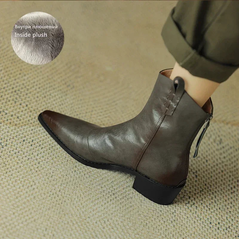 Autumn/winter Women Boots Genuine Leather Western Boots Women Shoes Pointed Toe Chunky Heel Chelsea Retro Ankle Boots